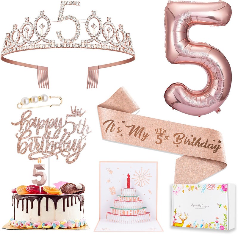 Awfrky 5th Birthday Decorations Girl  Including 5 year old Birthday Cake Topper  Birthday Queen Sash with Pearl Pin  Sweet Rhinestone Tiara Crown  Number Candles and Balloons Set  Rose Gold - Image 1